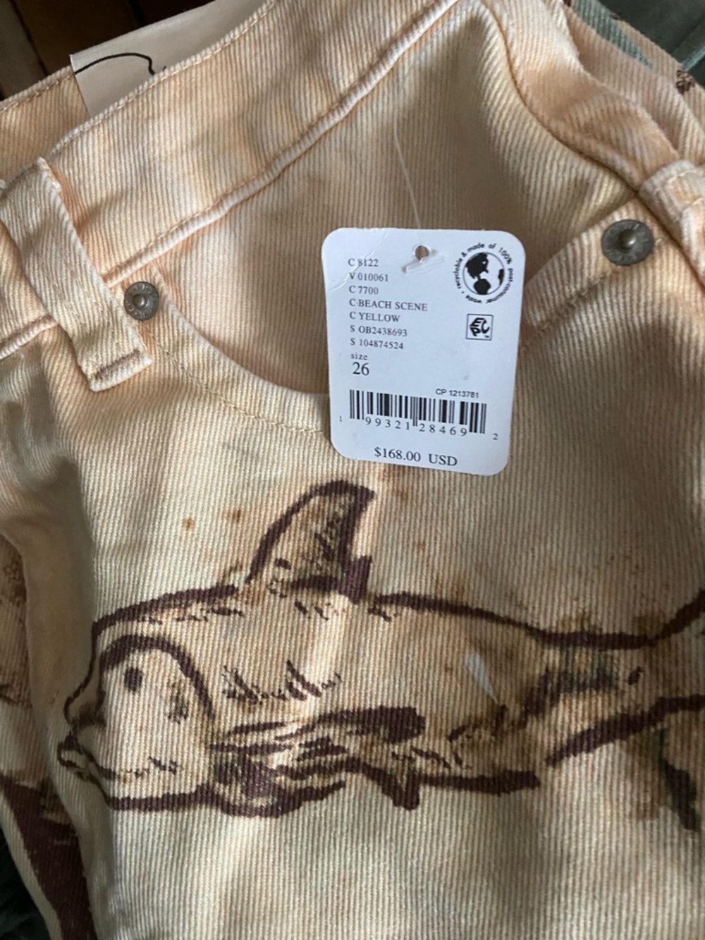 Free People Straight-Leg Pants in Pale Yellow Beach Scene Sz 26 NWT - Picture 2 of 5